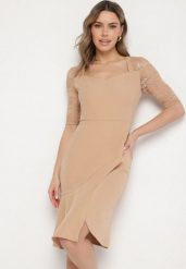 Beżowa Asymetryczna Sukienka Vices o Dopasowanym Kroju z Koronką Natifese. Brązowe sukienki damskie Born2be, na co dzień, l, bez wzorów, z koronki, eleganckie, z asymetrycznym kołnierzem, bez ramiączek, midi, asymetryczne. Za 109.99 zł.