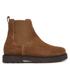 Sztyblety Birkenstock. Brązowe botki damskie Birkenstock, bez wzorów, bez obcasa, na płaskiej podeszwie, bez zapięcia. Za 854.99 zł.