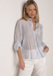 Niebieska Transparentna Koszula Ozdobiona Cyrkoniami Clymadia. Niebieskie koszule damskie Born2be, l, bez wzorów, z jeansu, klasyczne, bez kołnierzyka, bez ramiączek. Za 79.99 zł.