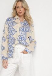 Beżowo-Niebieska Wiskozowa Koszula z Lnem w Ornamentalny Wzór Avellia. Niebieskie koszule damskie Born2be, m, bez wzorów, z wiskozy, eleganckie, bez kołnierzyka, bez ramiączek. Za 79.99 zł.