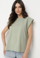 Zielony Bawełniany Top z Falbanką przy Ramionach Galantia. Zielone topy damskie Born2be, s, bez wzorów, z bawełny, eleganckie, bez kołnierzyka, bez ramiączek. Za 59.99 zł.