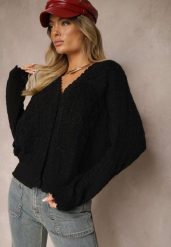 Czarny Kardigan w Stylu Oversize z Guzikami i Ozdobnymi Tłoczeniami Palabia. Czarne kardigany damskie Renee, na zimę, bez wzorów, bez kołnierzyka. Za 159.99 zł.