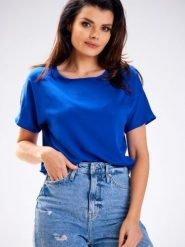 Bluzka Model A588 blue - awama. Niebieskie bluzki damskie Awama, l, bez wzorów, z wiskozy, eleganckie, bez kołnierzyka, bez ramiączek. Za 173.72 zł.
