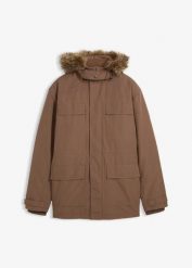 Ocieplana parka z polarową podszewką i odpinanym kapturem. Brązowe parki męskie bonprix, m, bez wzorów, z polaru, bez kołnierzyka. Za 399.99 zł.