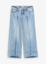 Dżinsy Wide Leg, mid waist, cropped. Niebieskie jeansy damskie bonprix, bez wzorów, z jeansu. Za 54.99 zł.