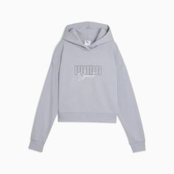 Bluza damska Puma ELEVATED GRAPHIC CROPPED TR szara 68950020 r XL. Szare bluzy damskie Puma, l, z aplikacjami, z bawełny, eleganckie, bez ramiączek, z kapturem. Za 184.01 zł.