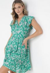 Zielona Sukienka Rozkloszowana z Falbankami Pillia. Zielone sukienki damskie Born2be, na imprezę, m, bez wzorów, bez kołnierzyka, bez ramiączek, mini, kopertowe. Za 64.99 zł.