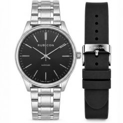 Zegarek Rubicon Zegarek męski RUBICON DIEGO RNAA02 srebrny bransoleta + czarny silikon indeksy czt. Czarne zegarki męskie Rubicon, bez wzorów, srebrne. Za 379.90 zł.