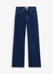 Jeansy wide leg z wysokim stanem z bawełny organicznej. Niebieskie jeansy damskie bonprix, bez wzorów, z bawełny, z podwyższonym stanem. Za 154.99 zł.