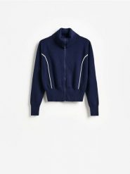 Bluza z wysoką stójką - granatowy. Niebieskie bluzy damskie Reserved, l, bez wzorów, z dzianiny, bez ramiączek, bez kaptura. Za 129.99 zł.
