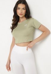 Jasnozielony T-shirt Crop Top Ozdobiony Literką Koliviela. Zielone t-shirty damskie Born2be, l, z aplikacjami, z jeansu, eleganckie, bez kołnierzyka, bez ramiączek. Za 29.99 zł.