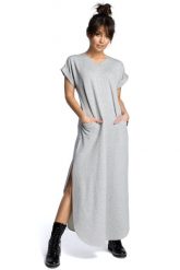 Długa komfortowa sukienka z rozcięciami. Brązowe sukienki damskie Sukienki.shop, na co dzień, na lato, l, bez wzorów, z bawełny, eleganckie, bez kołnierzyka, bez ramiączek, maxi. Za 139.00 zł.