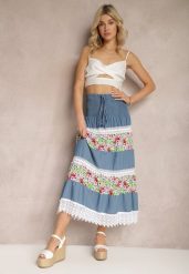 Biało-Niebieska Jeansowa Bawełniana Spódnica High Waist z Gumką w Talii i Ozdobną Koronką Tesaquin. Białe spódnice damskie Renee, na lato, l, bez wzorów, z bawełny, z podwyższonym stanem, maxi. Za 49.99 zł.