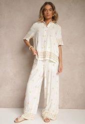Biało-Beżowy Wiskozowy Komplet Oversize z Haftem Koszula i Spodnie Iffussa. Białe koszule damskie Renee, l, bez wzorów, z materiału, eleganckie, bez kołnierzyka, bez ramiączek. Za 109.99 zł.