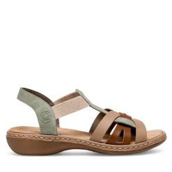 Sandały Rieker. Zielone sandały damskie Rieker, bez wzorów, bez obcasa, na płaskiej podeszwie, bez zapięcia. Za 289.99 zł.