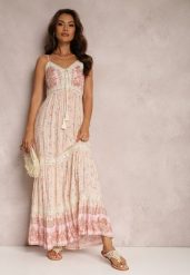 Różowa Sukienka Fjorrit. Czerwone sukienki damskie Renee, na imprezę, l, bez wzorów, z koronki, boho, bez kołnierzyka, bez ramiączek, maxi, rozkloszowane. Za 84.99 zł.