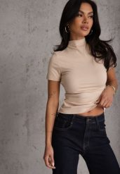 Jasnobeżowy Wiskozowy T-shirt o Dopasowanym Kroju z Golfem Isomina. Brązowe t-shirty damskie Renee, m, bez wzorów, z materiału, bez kołnierzyka, bez ramiączek. Za 59.99 zł.