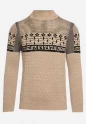 Ciemnobeżowy Sweter Ozdobiony Geometrycznym Wzorem i Ściągaczami Liliatia. Brązowe swetry męskie Born2be, m, bez wzorów, klasyczne, bez kołnierzyka, bez ramiączek. Za 64.99 zł.