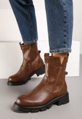 Brązowe Botki na Płaskiej Podeszwie ze Skóry Naturalnej z Wycięciem Emminae. Brązowe botki damskie Renee, na jesień, bez wzorów, z jeansu, eleganckie, bez obcasa, na płaskiej podeszwie, bez zapięcia. Za 189.99 zł.