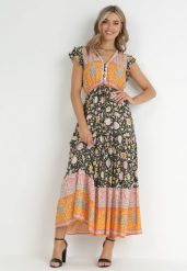 Czarno-Pomarańczowa Sukienka Maxi z Wiskozy w Stylu Boho Larres. Brązowe sukienki damskie Born2be, na imprezę, l, z aplikacjami, z wiskozy, boho, bez kołnierzyka, bez ramiączek, maxi. Za 84.99 zł.