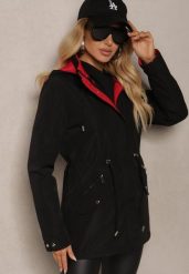 Czarno-Czerwona Kurtka Parka Dwustronna z Regulowanymi Rękawami i Odpinanym Kapturem Deneria. Czarne kurtki damskie Renee, l, bez wzorów, z materiału. Za 159.99 zł.