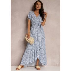 Niebieska Rozkloszowana Sukienka z Wiązanym Paskiem i Ozdobną Falbanką Holm. Niebieskie sukienki damskie Renee, na co dzień, na lato, l, bez wzorów, eleganckie, bez kołnierzyka, bez ramiączek, rozkloszowane. Za 69.99 zł.