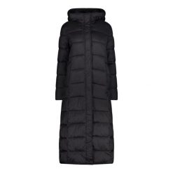 Długa kurtka puchowa z kapturem dla kobiet z efektem błyszczącym CMP. Czarne kurtki sportowe damskie CMP, bez wzorów, z puchu, bez ramiączek, z kapturem, trekkingowe. Za 598.10 zł.