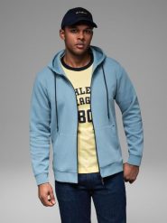 Rozpinana dresowa bluza hoodie w stylu streetwearowym – jasnoniebieska V4 OM-SSZP-0213 - XXL. Niebieskie bluzy męskie Ombre Clothing, l, bez wzorów, z bawełny, bez kaptura. Za 161.99 zł.
