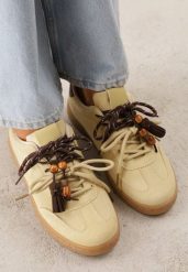 Żółte Sneakersy Typu Klasyczne Tenisówki Retro z Podwójnym Wiązaniem z Frędzlami Kotena. Żółte trampki i tenisówki damskie Renee, bez wzorów, z jeansu, bez zapięcia. Za 99.99 zł.
