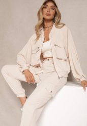 Beżowy Komplet Dresowy Cargo Spodnie i Bluza Zdobiona Imitacją Kieszeni Nolhira. Brązowe bluzy damskie Renee, l, z aplikacjami, z dresówki, wizytowe, bez ramiączek, bez kaptura. Za 139.99 zł.