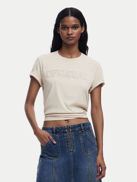 Desigual T-Shirt Brandy 25SWTK17 Écru Regular Fit. Brązowe t-shirty damskie Desigual, s, bez wzorów, z bawełny, bez kołnierzyka, bez ramiączek. Za 119.99 zł.