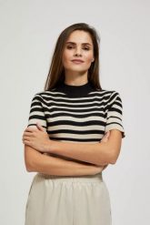 Sweter w paski z półgolfem i krótkimi rękawami czarny. Czarne swetry nierozpinane damskie MOODO, s, bez wzorów, bez kołnierzyka, bez ramiączek. W wyprzedaży za 49.99 zł.
