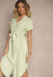 Zielona Koszulowa Rozkloszowana Sukienka z Wiskozy z Paskiem Katilene. Zielone sukienki damskie Renee, na co dzień, l, bez wzorów, z wiskozy, eleganckie, bez kołnierzyka, bez ramiączek, midi, koszulowe. Za 84.99 zł.
