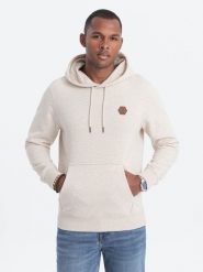 Bluza męska kangurka z kapturem - kremowa V1 - Rozmiar: S. Białe bluzy męskie Ombre Clothing, m, bez wzorów, z bawełny, z kapturem. W wyprzedaży za 79.99 zł.