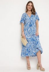 Niebieska Sukienka W stylu Boho z Gumką w Pasie i Chwostami Wornima. Niebieskie sukienki damskie Born2be, l, bez wzorów, boho, bez kołnierzyka, bez ramiączek, midi. Za 79.99 zł.