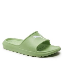 Klapki Puma. Zielone klapki damskie Puma, bez wzorów, sportowe, bez obcasa, bez zapięcia. Za 79.99 zł.