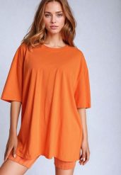 Pomarańczowy Bawełniany T-shirt Koszulka z Krótkim Rękawem Bevima. Brązowe bluzki damskie Born2be, bez wzorów, z bawełny, bez kołnierzyka, bez ramiączek. Za 59.99 zł.
