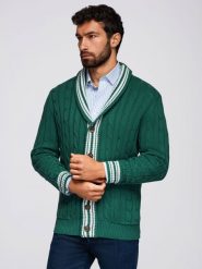 Męski sweter kardigan z szalowym kołnierzem w stylu preppy - zielony V2 - Rozmiar: XL. Zielone swetry męskie Ombre Clothing, m, bez wzorów, z bawełny, eleganckie, bez kołnierzyka, bez ramiączek. W wyprzedaży za 149.49 zł.