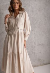 Beżowa Rozkloszowana Sukienka Koszulowa z Bawełny i Wiskozy Zdobiona Klapami Gleta. Brązowe sukienki damskie Renee, na co dzień, l, z aplikacjami, z bawełny, eleganckie, bez kołnierzyka, bez ramiączek, maxi, koszulowe. Za 159.99 zł.