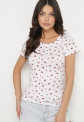 Biały Bawełniany T-shirt w Kwiatowy Wzór Savele. Białe t-shirty damskie Born2be, l, z aplikacjami, z bawełny, biznesowe, bez kołnierzyka, bez ramiączek. Za 29.99 zł.