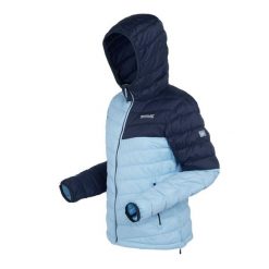 Kurtka turystyczna damska Hooded Hillpack II pikowana. Niebieskie kurtki sportowe damskie Regatta, bez wzorów, z materiału, bez ramiączek, bez kaptura, trekkingowe. Za 280.75 zł.