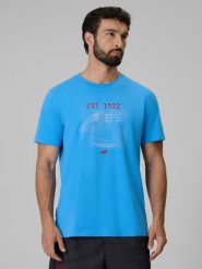 4F T-shirt regular z nadrukiem męski - niebieski M. Niebieskie koszulki sportowe męskie 4F, m, bez wzorów, z materiału, bez kołnierzyka, bez ramiączek. Za 69.99 zł.