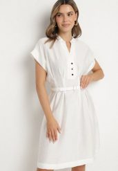 Biała Sukienka z Wiskozy o Rozkloszowanym Kroju z Paskiem Sepina. Białe sukienki damskie Born2be, na co dzień, na lato, l, z aplikacjami, z wiskozy, eleganckie, bez kołnierzyka, bez ramiączek, midi, rozkloszowane. Za 99.99 zł.
