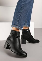 Czarne Botki na Słupku z Klamrą i Paskami Reandria. Czarne botki damskie Renee, bez wzorów, eleganckie, z otwartym noskiem, bez obcasa, na obcasie, bez zapięcia. Za 129.99 zł.