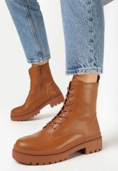 Brązowe Botki Workery z Wiązaniem Littosa. Brązowe botki damskie Born2be, bez wzorów, bez obcasa, na płaskiej podeszwie, bez zapięcia. Za 109.99 zł.
