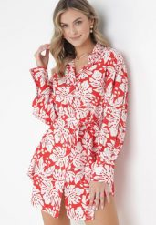 Czerwona Koszulowa Sukienka Mini z Materiałowym Paskiem i Szerokimi Mankietami Fidonisa. Czerwone sukienki damskie Born2be, l, bez wzorów, z materiału, bez kołnierzyka, bez ramiączek, mini, koszulowe. Za 39.99 zł.