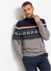 Sweter z golfem w norweski wzór. Szare swetry męskie bonprix, l, bez wzorów, bez kołnierzyka, bez ramiączek. Za 107.99 zł.