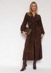 Brązowa Sukienka z Marszczeniem i Rozcięciem na Nogę Zobella. Brązowe sukienki damskie Born2be, na co dzień, l, bez wzorów, wizytowe, bez kołnierzyka, bez ramiączek, proste. Za 159.99 zł.