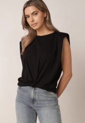 Czarny Bawełniany Top Oversize Bez Rękawów z Wiązaniem i Poduszkami w Ramionach Apixie. Czarne topy damskie Born2be, bez wzorów, z bawełny, eleganckie, bez kołnierzyka, bez ramiączek. Za 69.99 zł.
