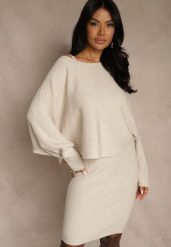 Ciemnobeżowy Prążkowany Komplet z Dzianiny Sukienka Bodycon i Sweter Nietoperz Wediana. Brązowe swetry nierozpinane damskie Renee, m, bez wzorów, z dzianiny, eleganckie, bez kołnierzyka, bez ramiączek. Za 139.99 zł.